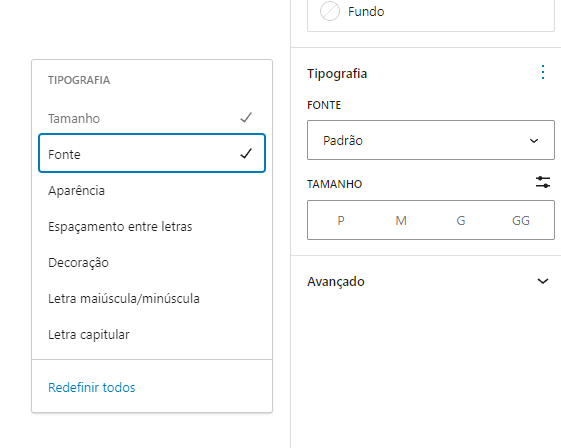Imagem da opção de tipografia na área de posts do wordpress