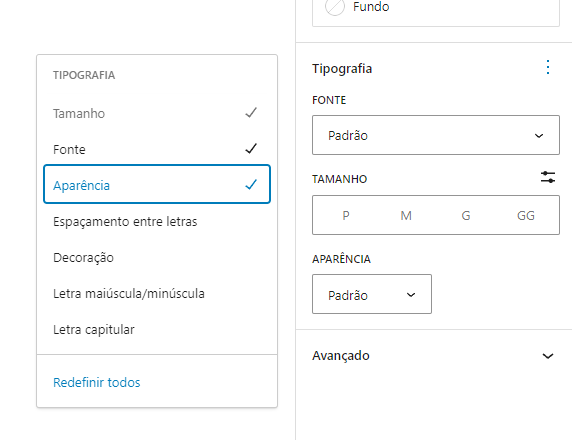 Imagem da opção de peso da tipografia na área de posts do wordpress